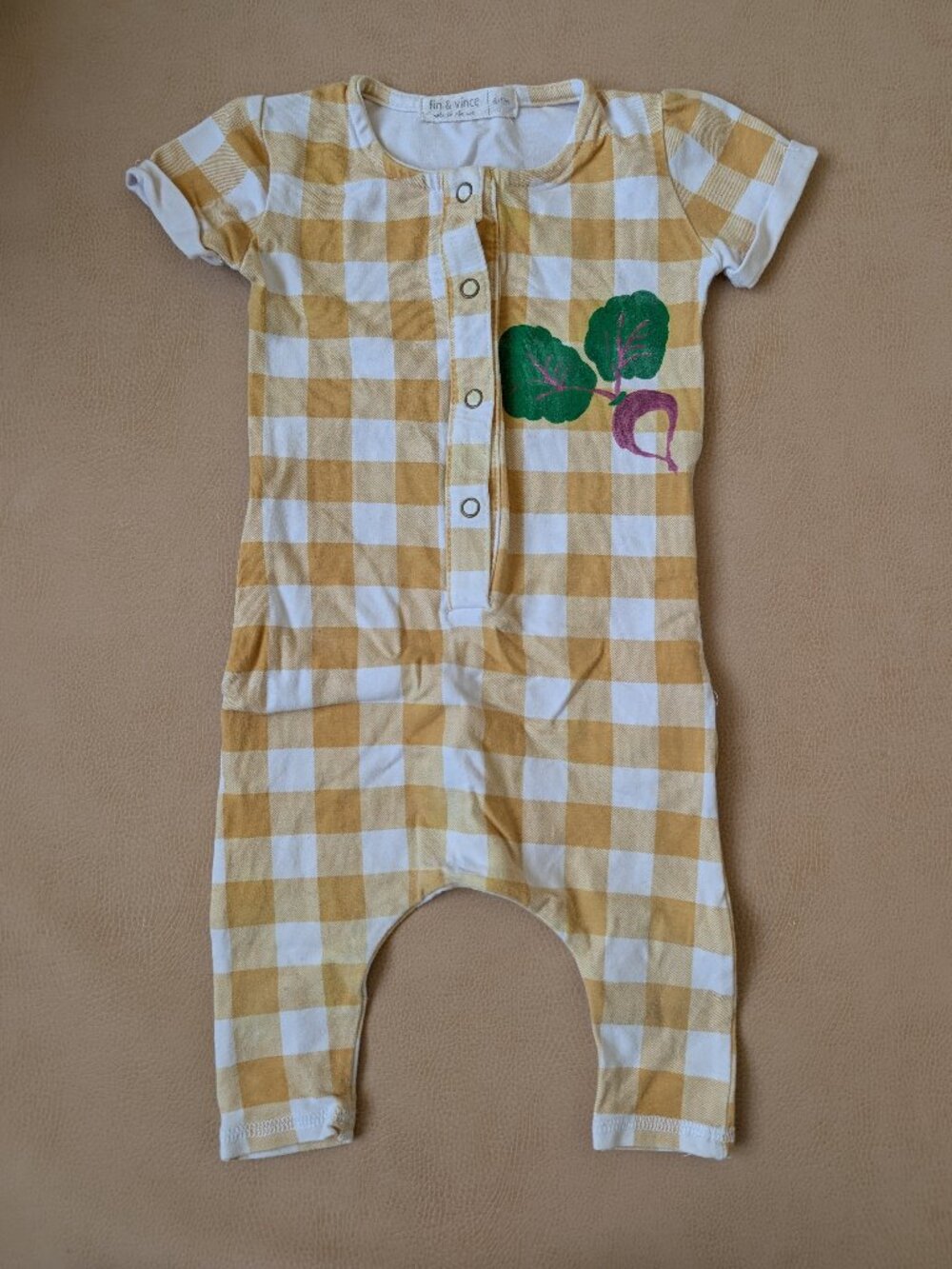 Fin & Vince OG Picnic Radish Romper, Yellow Gingham Romper
